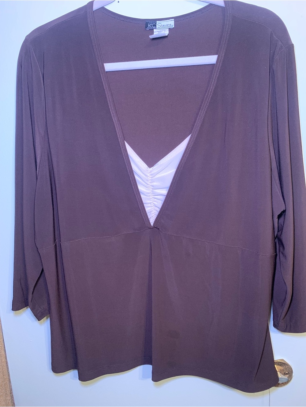 Women's Brown V-Neck Layered Blouse with Cream Insert
